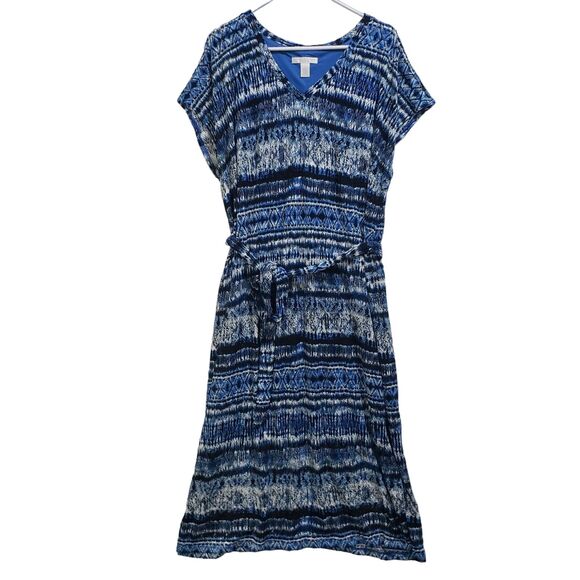 London Times Dress Blue Geometric Knit Midi Shift Waist Tie Size 1X - Picture 1 of 14